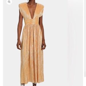 Sabina Musayev Tan Pleated Gown with Plunge Neckline